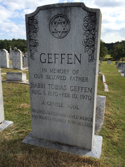 Rabbi Tobias (Tuvia) Geffen is buried in Greenwood Cemetery in Atlanta, Ga. He lived to be 99 years old. 