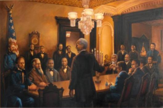 The "Forty Acres and a Mule" painting of the Jan. 12, 1865, meeting was done by Haller Buchanan. It  hangs in the Ralph Mark Gilbert Civil Rights Museum in Savannah.