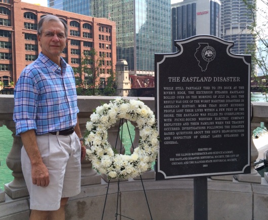 Minnie's grandson (and my father-in-law) Craig Rylands stands beside the memorial marker commemorating the 1915 Eastland disaster.